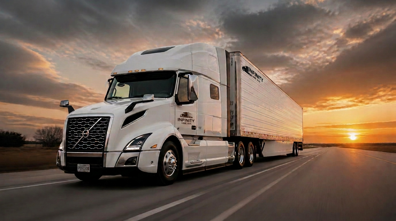 Infinity Line tractor-trailer on the highway at sunset
