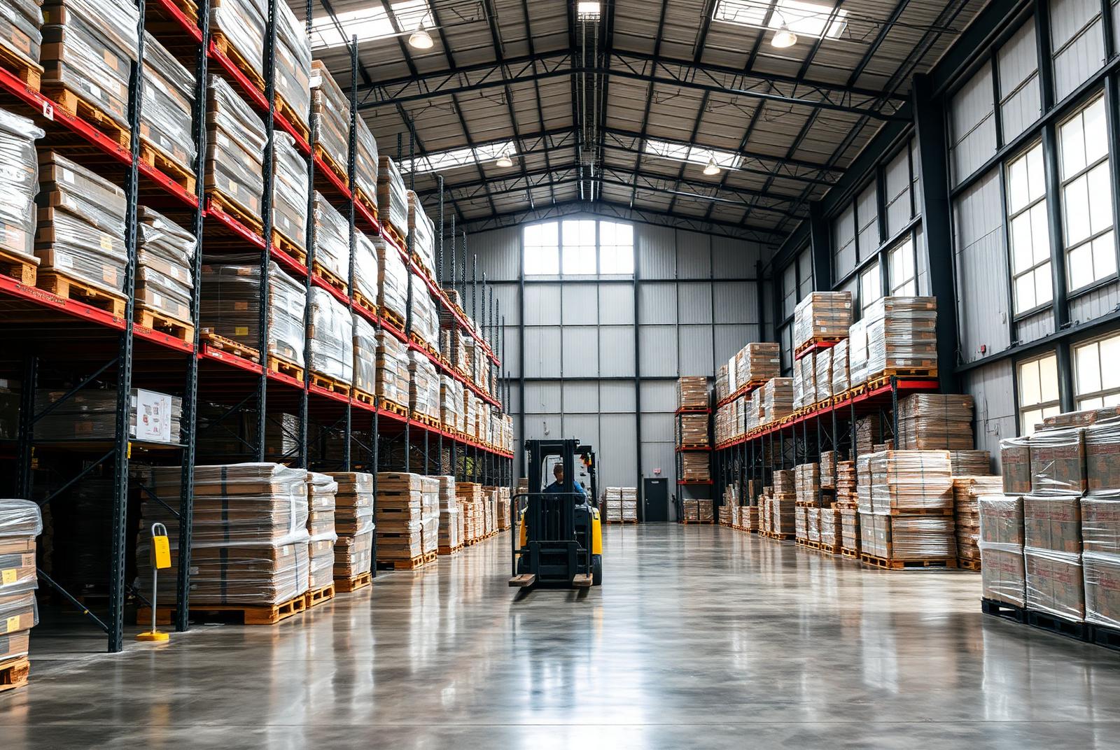 Inside the Infinity Line warehouse with racked and stacked pallets